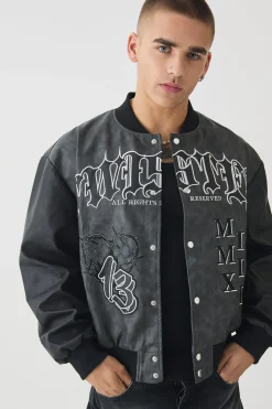boohooMAN Boxy Tonal Badge Tumbled Pu Varsity Jacket In | UK| Coats & Jackets