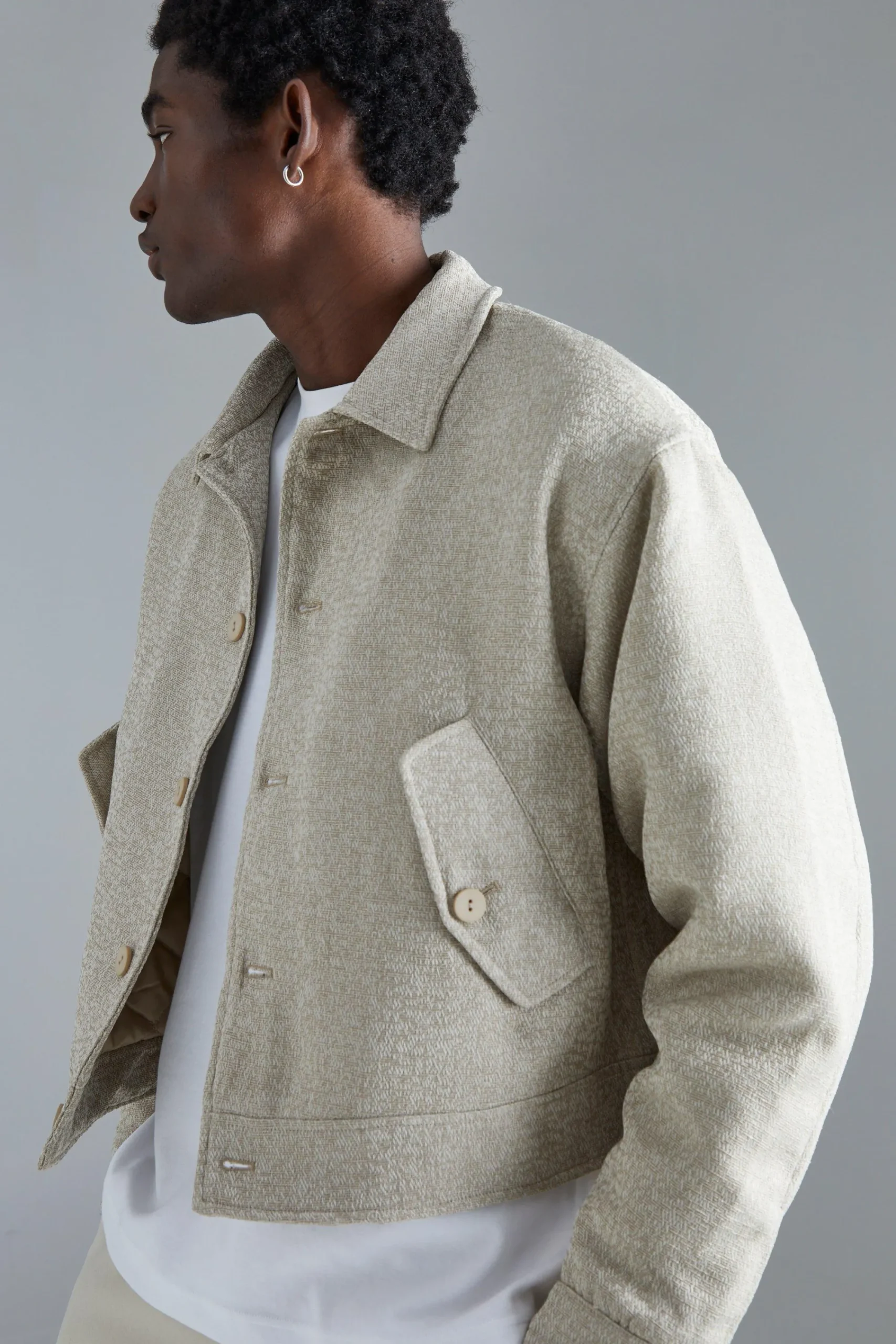 boohooMAN Boxy Tonal Textured Jacquard Harrington | UK| Coats & Jackets