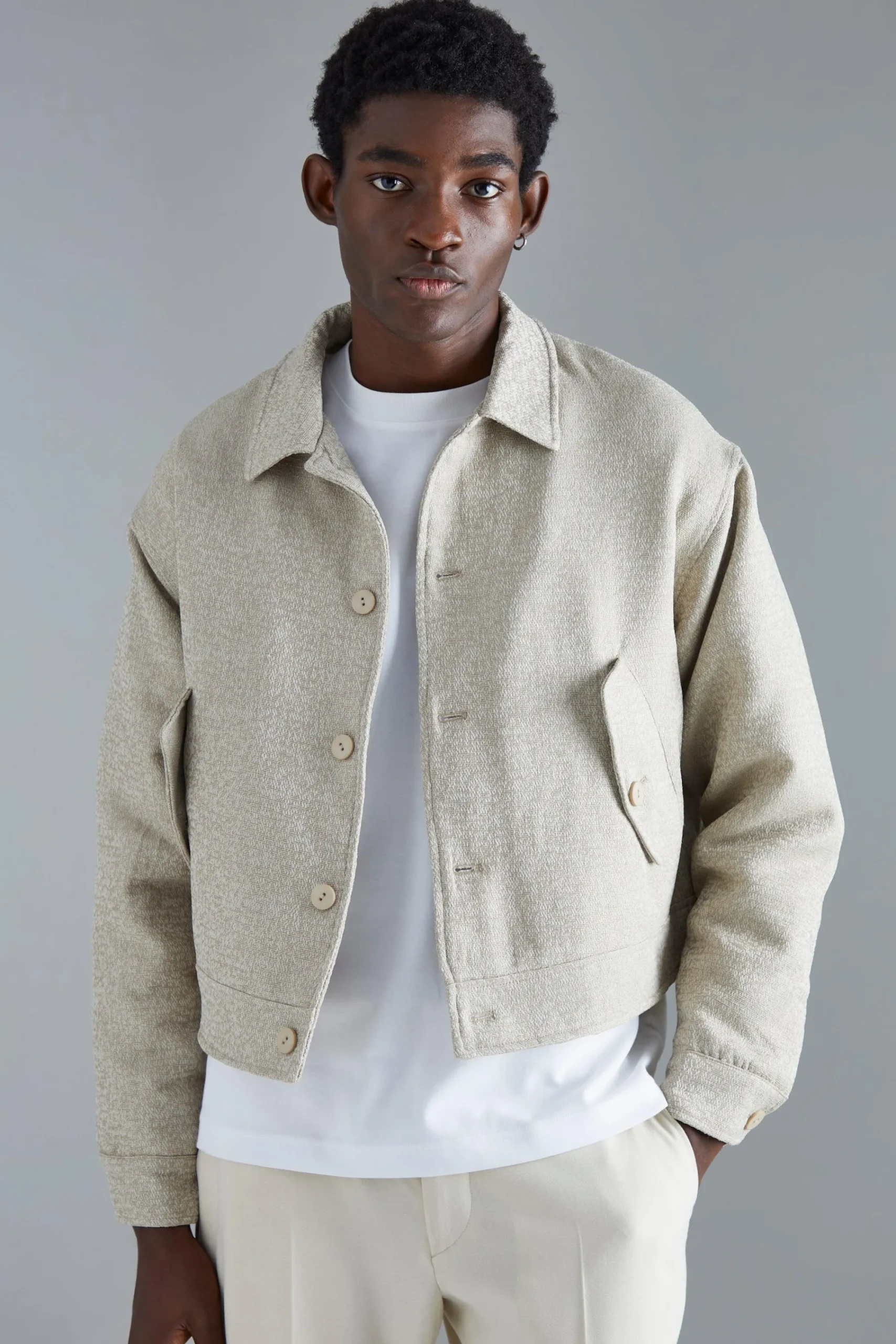 boohooMAN Boxy Tonal Textured Jacquard Harrington | UK| Coats & Jackets