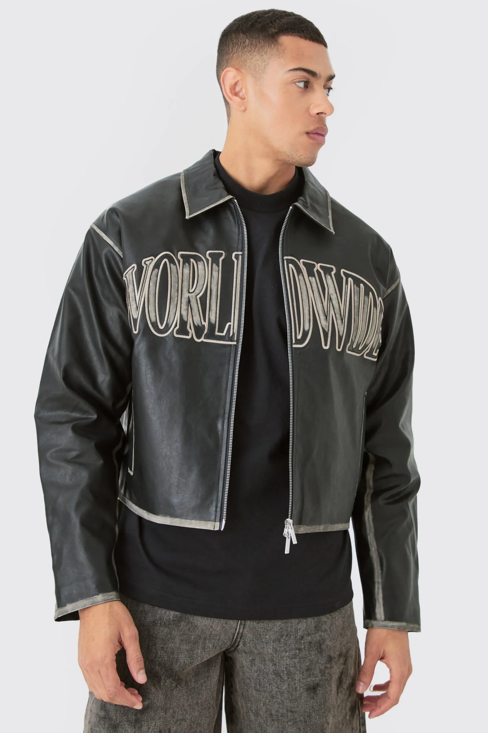 boohooMAN Boxy Tumble Pu Applique Harrington Jacket In | UK| Coats & Jackets