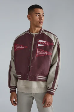 boohooMAN Boxy Tumbled Pu Pannelled Varsity Jacket | UK| Coats & Jackets