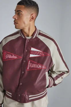 boohooMAN Boxy Tumbled Pu Pannelled Varsity Jacket | UK| Coats & Jackets