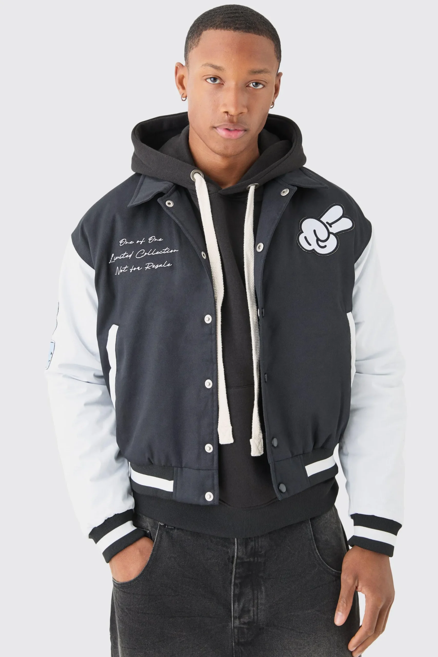 boohooMAN Boxy Twill Embroidered Collared Varsity Jacket In | UK| Coats & Jackets