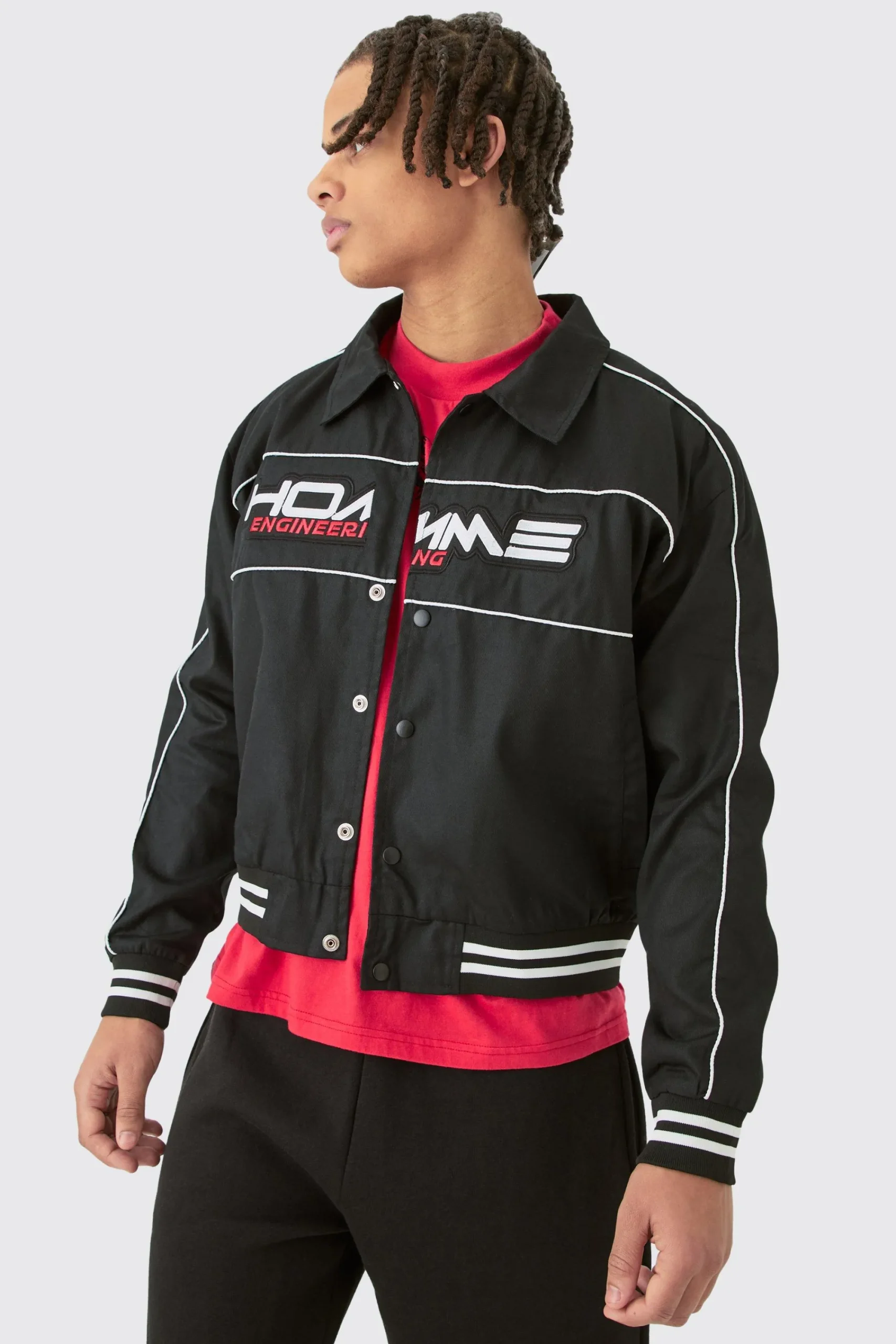 boohooMAN Boxy Twill Moto Collared Bomber Jacket In | UK| Coats & Jackets