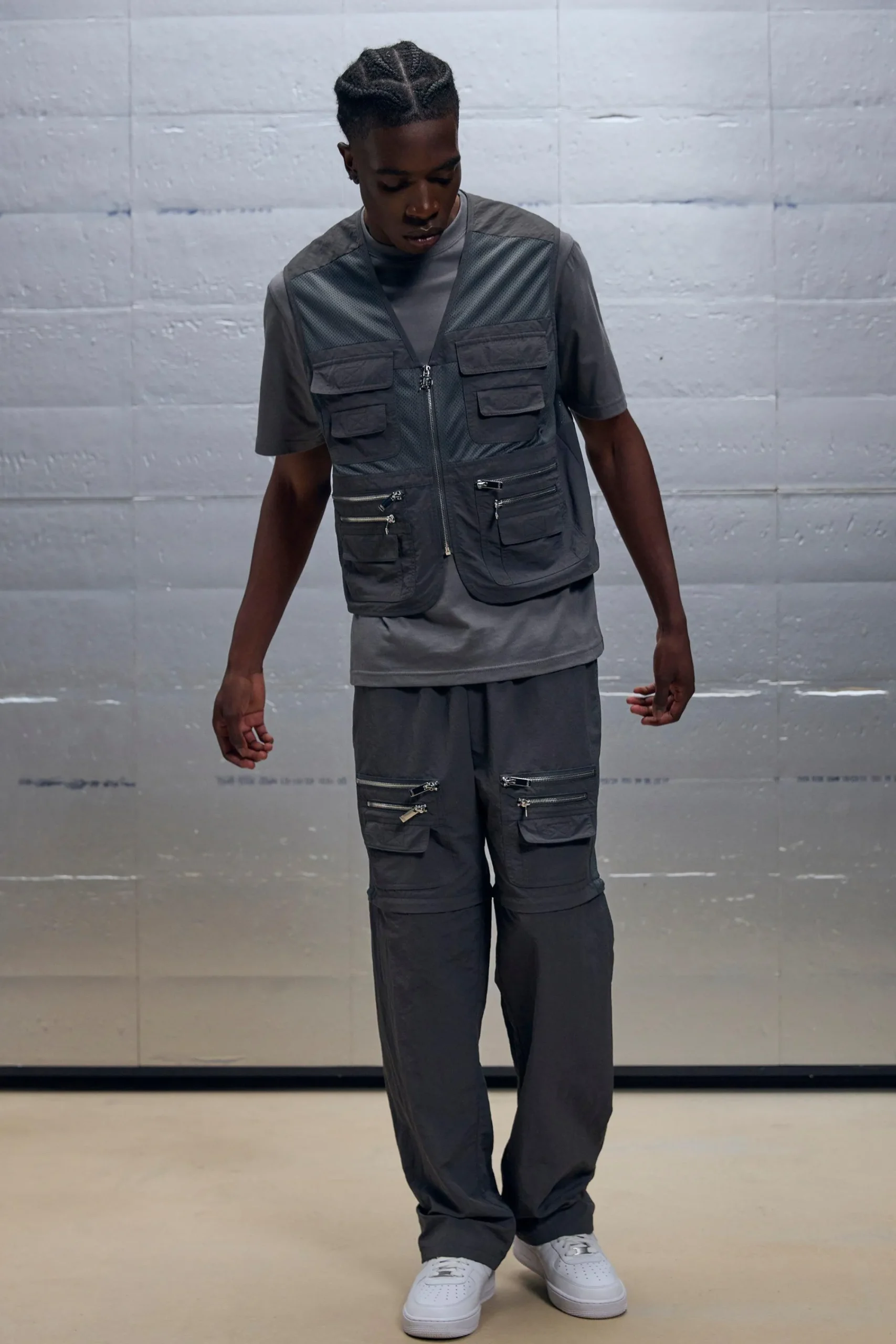 boohooMAN Boxy Utility Mesh Cargo Pocket Vest & Zip Off Trouser Set | UK| Trousers|Cargos
