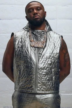 Boxy Utility Metallic Nylon Quilted Hoodie Vest | UK^boohooMAN Clearance