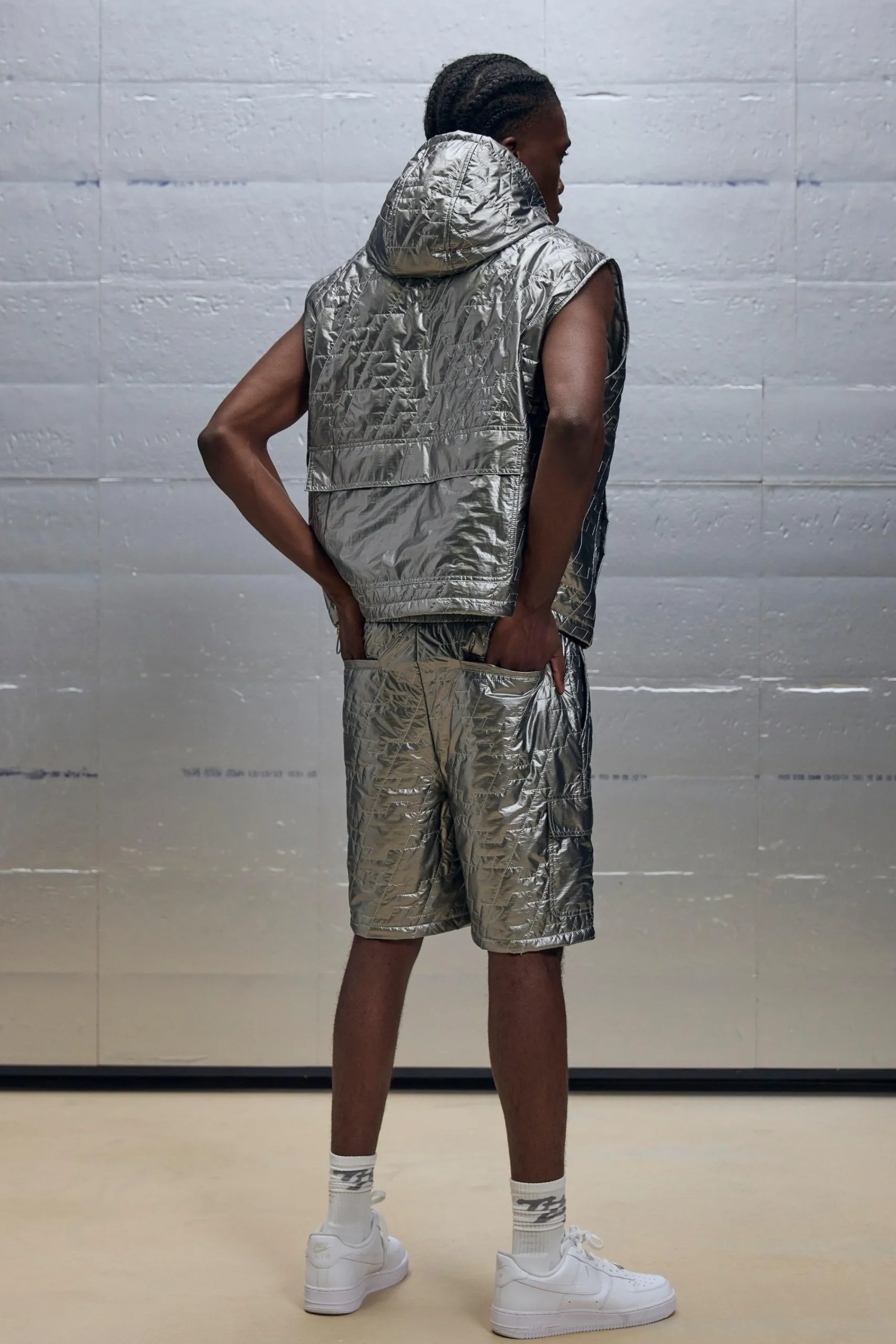 Boxy Utility Metallic Nylon Quilted Hoodie Vest | UK^boohooMAN Clearance