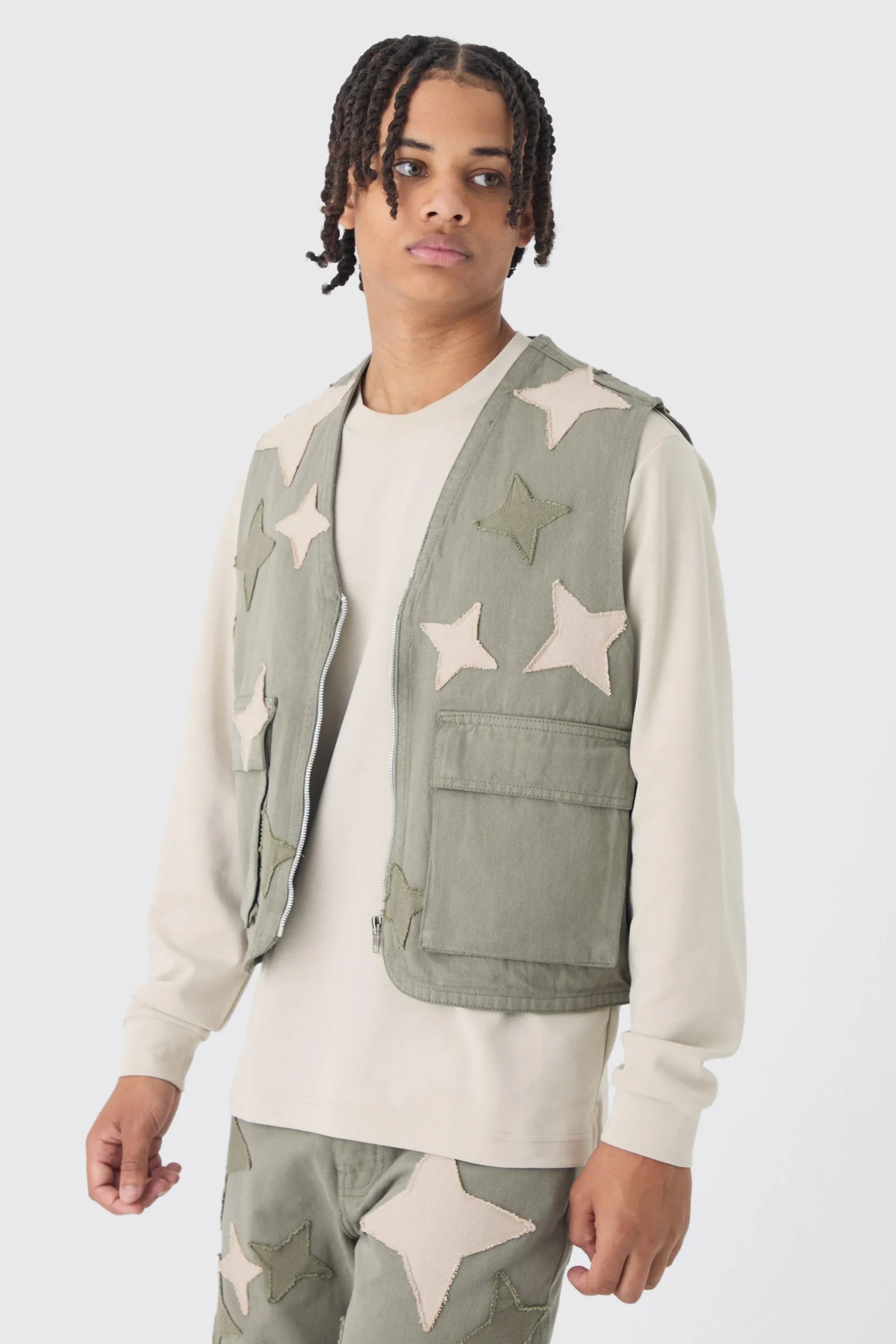 boohooMAN Boxy Utility Star Patchwork Applique Vest | UK| Sets & Co-Ords|Coats & Jackets