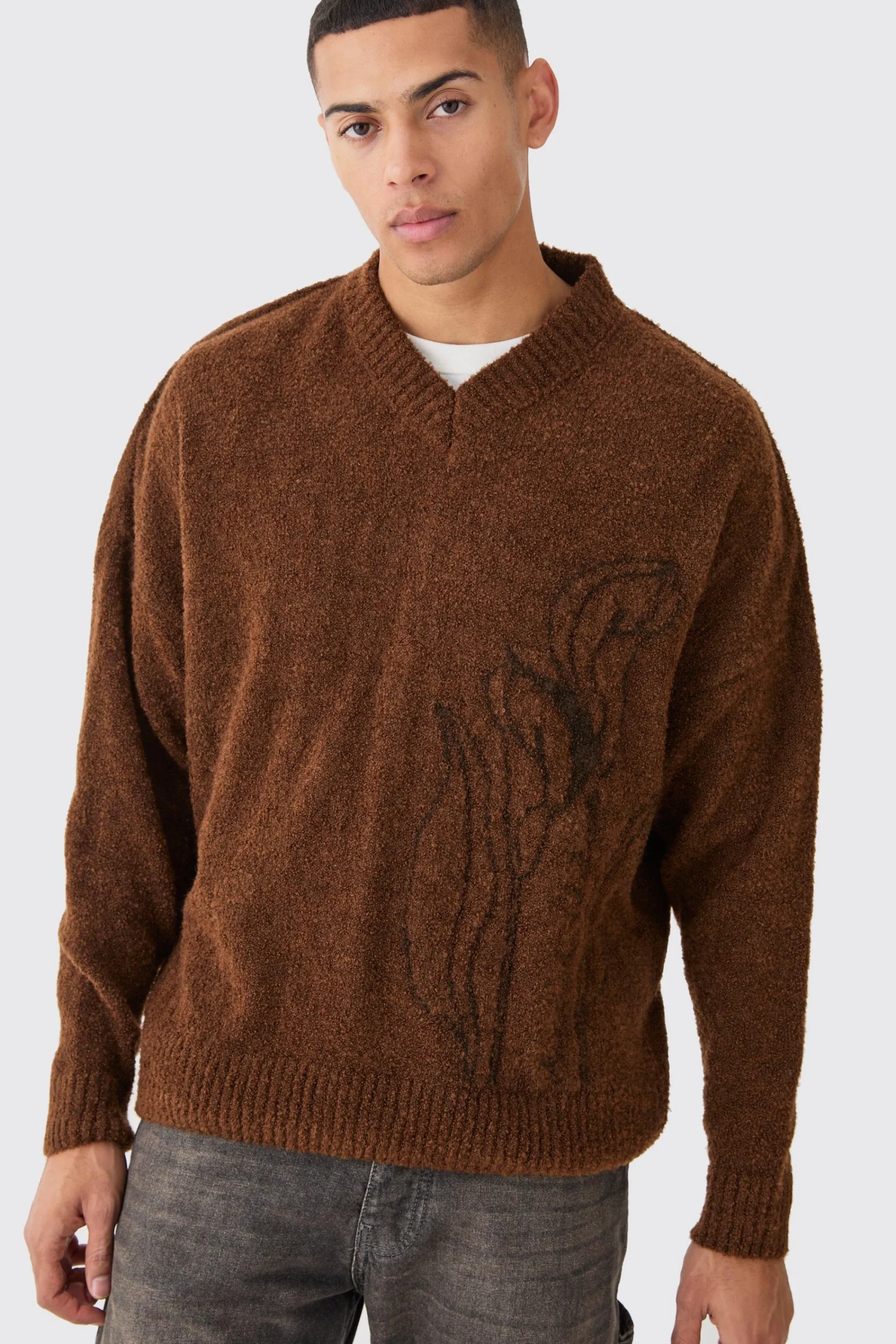 boohooMAN Boxy V Neck Boucle Textured Knit Jumper | UK| Knitwear