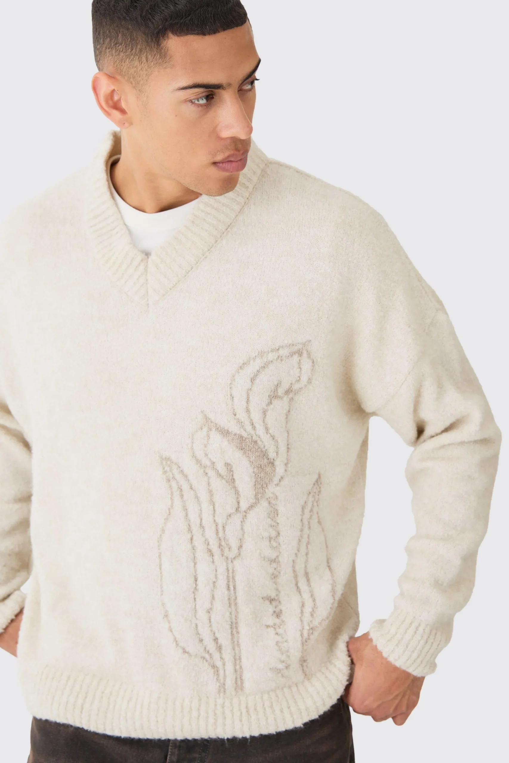 boohooMAN Boxy V Neck Boucle Textured Knit Jumper | UK| Knitwear