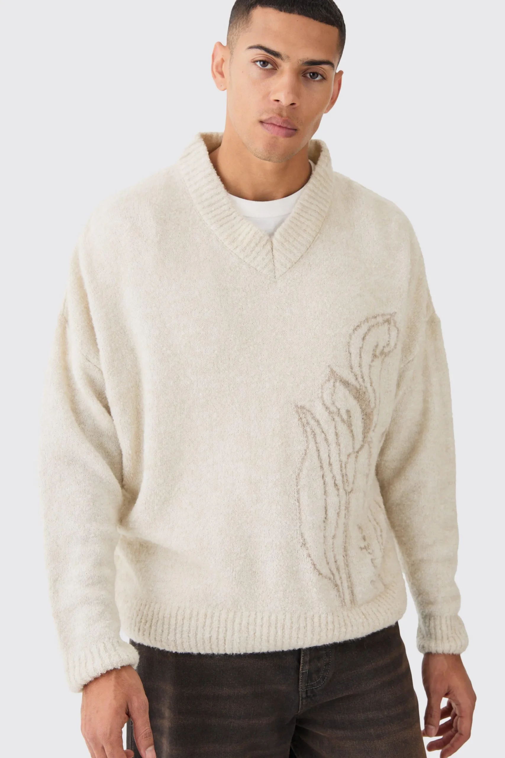 boohooMAN Boxy V Neck Boucle Textured Knit Jumper | UK| Knitwear