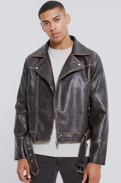 boohooMAN Boxy Vintage Pu Biker Jacket | UK| Coats & Jackets