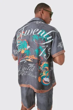 boohooMAN Boxy Viscose Dragon Shirt & Short Set | UK| Sets & Co-Ords