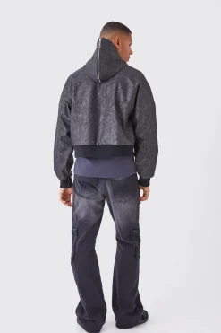 boohooMAN Boxy Washed Pu Hooded Bomber | UK| Coats & Jackets