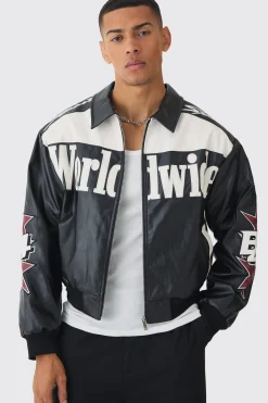 boohooMAN Boxy Worldwide Collared PU Bomber Jacket In | UK| Coats & Jackets