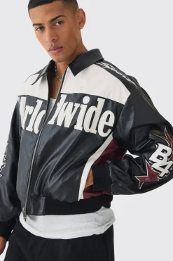 boohooMAN Boxy Worldwide Collared PU Bomber Jacket In | UK| Coats & Jackets