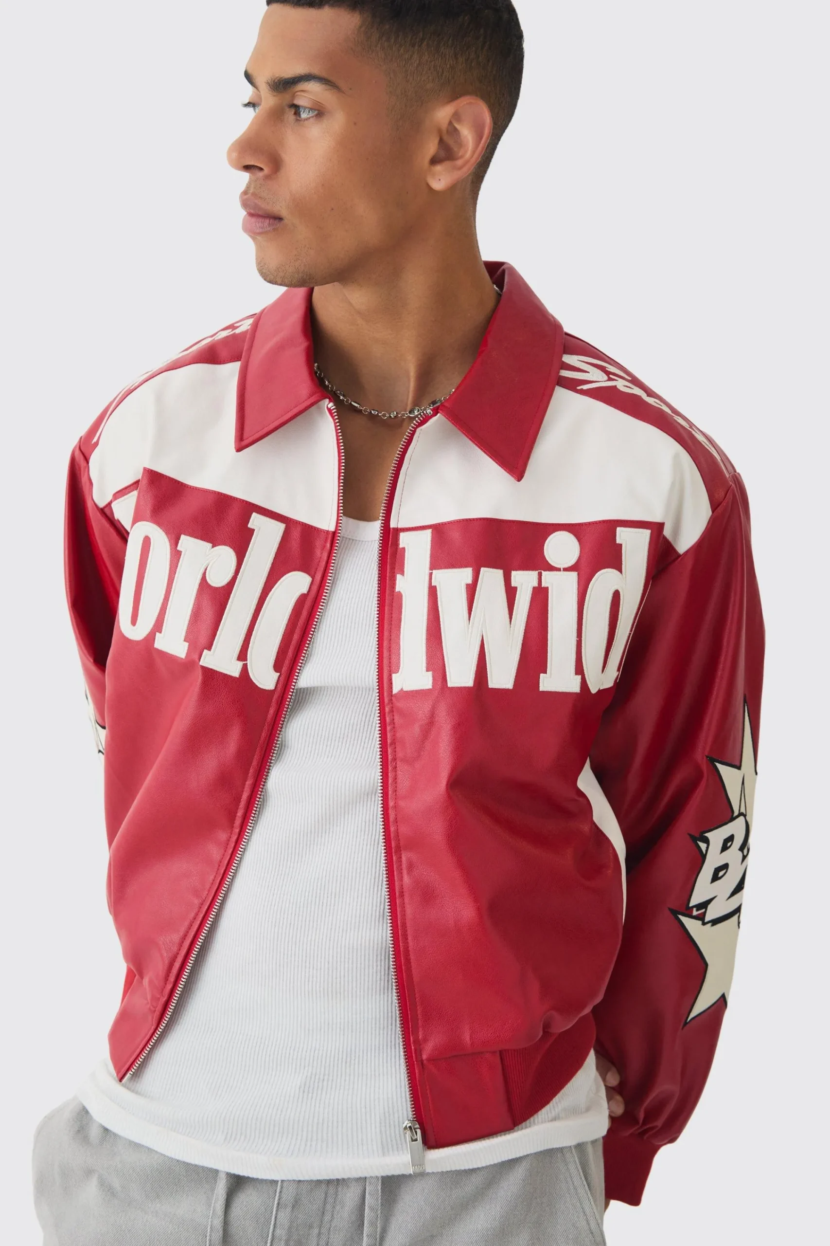 boohooMAN Boxy Worldwide Colla PU Bomber Jacket In | UK| Coats & Jackets