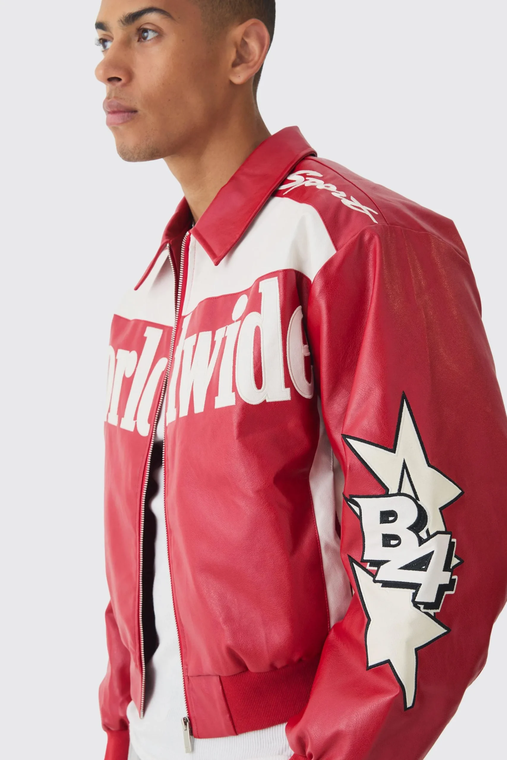 boohooMAN Boxy Worldwide Colla PU Bomber Jacket In | UK| Coats & Jackets