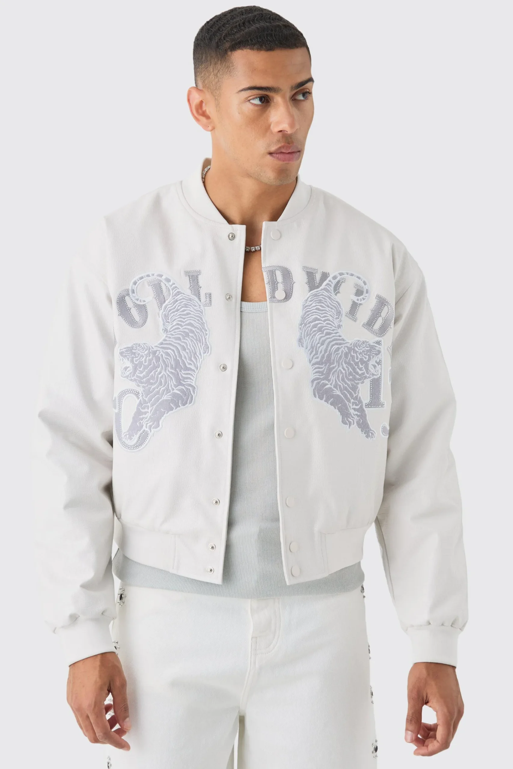 boohooMAN Boxy Worldwide Rhinestone Croc Pu Varsity Jacket In | UK| Coats & Jackets