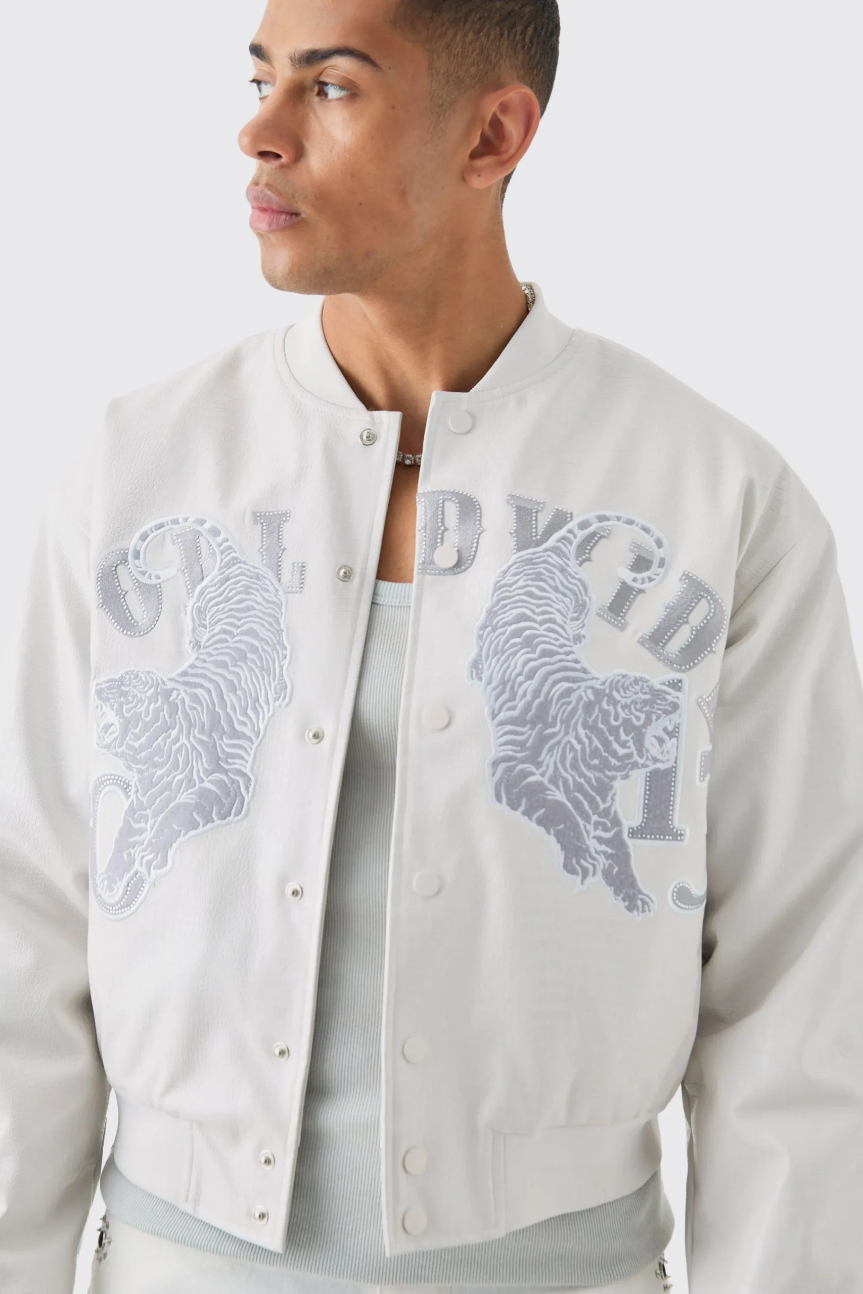 boohooMAN Boxy Worldwide Rhinestone Croc Pu Varsity Jacket In | UK| Coats & Jackets