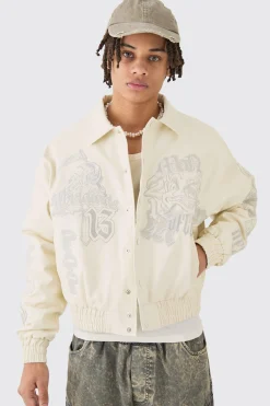 boohooMAN Boxy Worldwide Tonal Badge Collared Bomber In | UK| Coats & Jackets