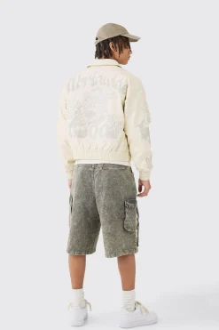 boohooMAN Boxy Worldwide Tonal Badge Collared Bomber In | UK| Coats & Jackets