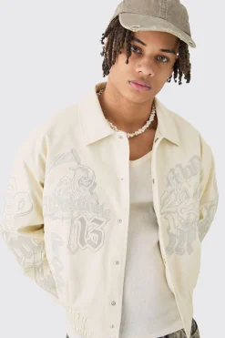 boohooMAN Boxy Worldwide Tonal Badge Collared Bomber In | UK| Coats & Jackets
