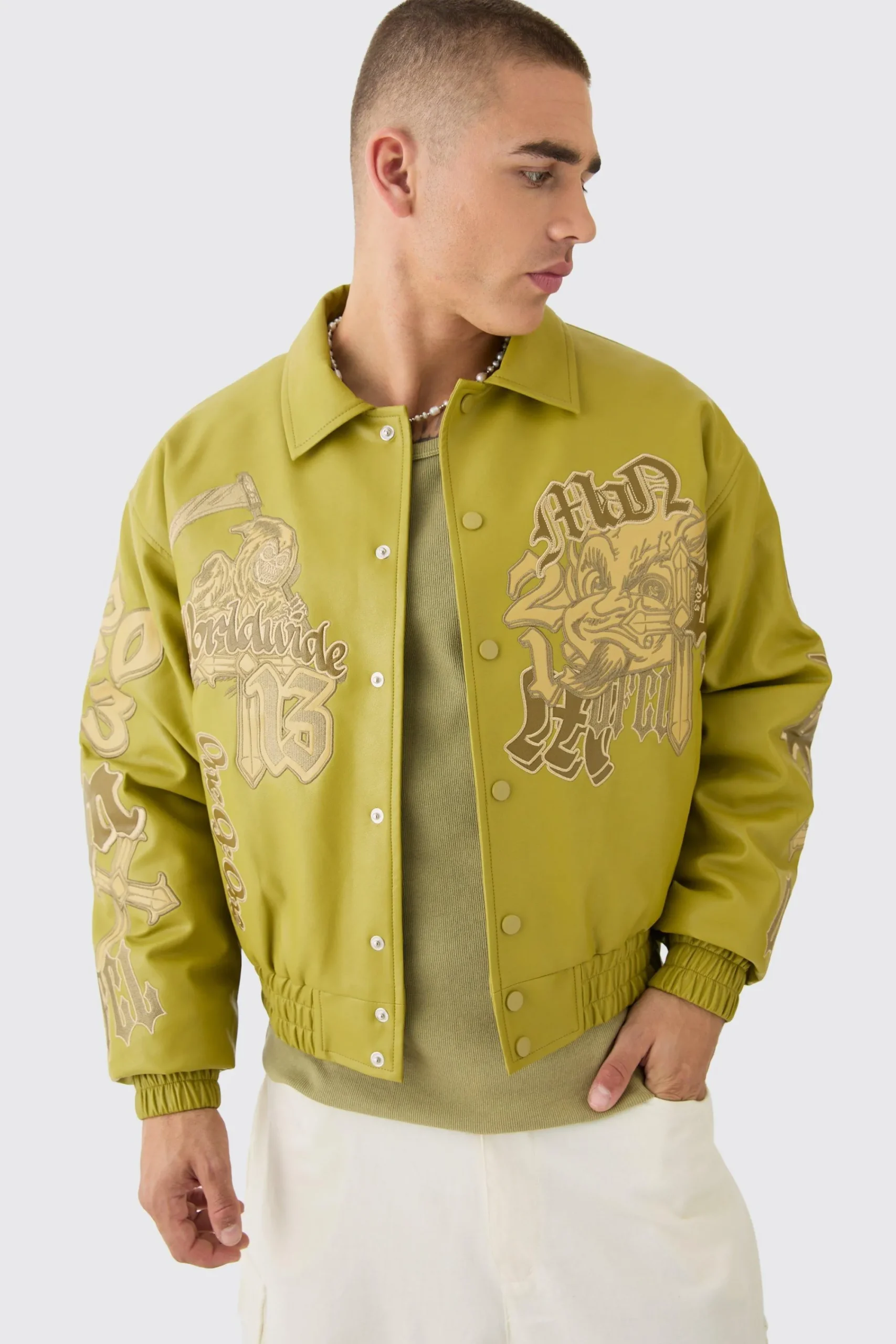 boohooMAN Boxy Worldwide Tonal Collared Bomber In | UK| Coats & Jackets