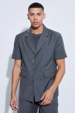 boohooMAN Boxy Zip Detail Short Sleeve Blazer | UK| Suits & Tailoring
