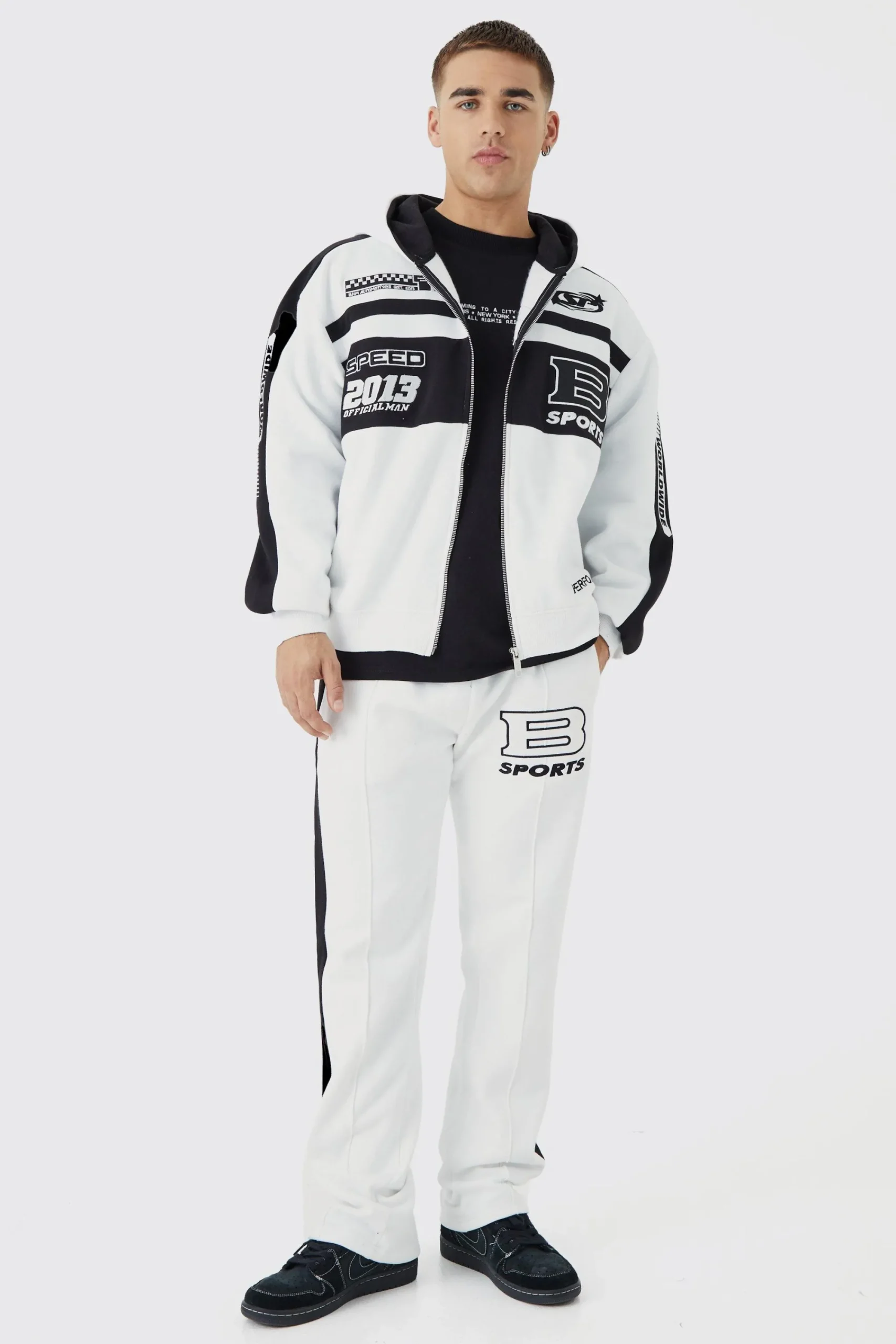 boohooMAN Boxy Zip Through Moto Panel Split Hem Tracksuit | UK| Tracksuits