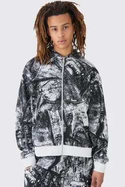 boohooMAN Boxy Zip Through Printed Heavyweight Waffle Hoodie | UK| Hoodies & Sweatshirts