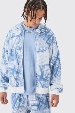 boohooMAN Boxy Zip Through Printed Heavyweight Waffle Hoodie | UK| Hoodies & Sweatshirts