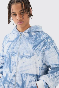 boohooMAN Boxy Zip Through Printed Heavyweight Waffle Hoodie | UK| Hoodies & Sweatshirts