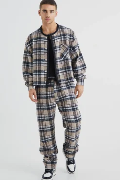 boohooMAN Brushed Check Boxy Bomber Jacket & Straight Leg Trouser | UK| Trousers