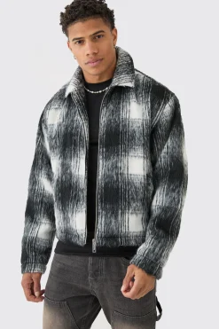 boohooMAN Brushed Check Collared Harrington Jacket In | UK| Coats & Jackets