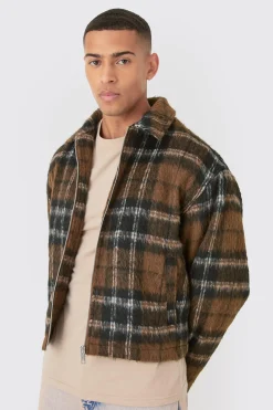boohooMAN Brushed Check Collared Harrington Jacket In | UK| Coats & Jackets