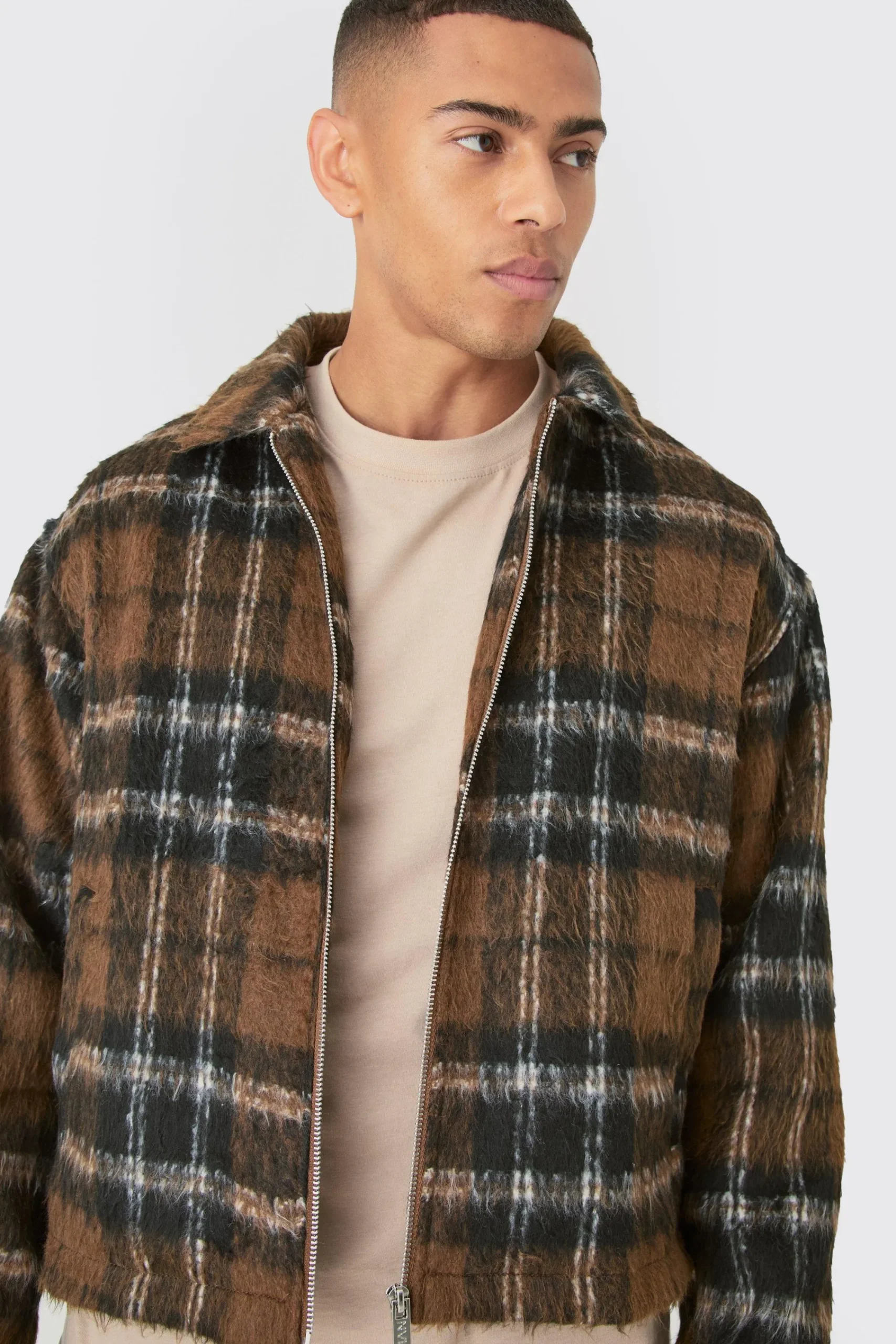 boohooMAN Brushed Check Collared Harrington Jacket In | UK| Coats & Jackets