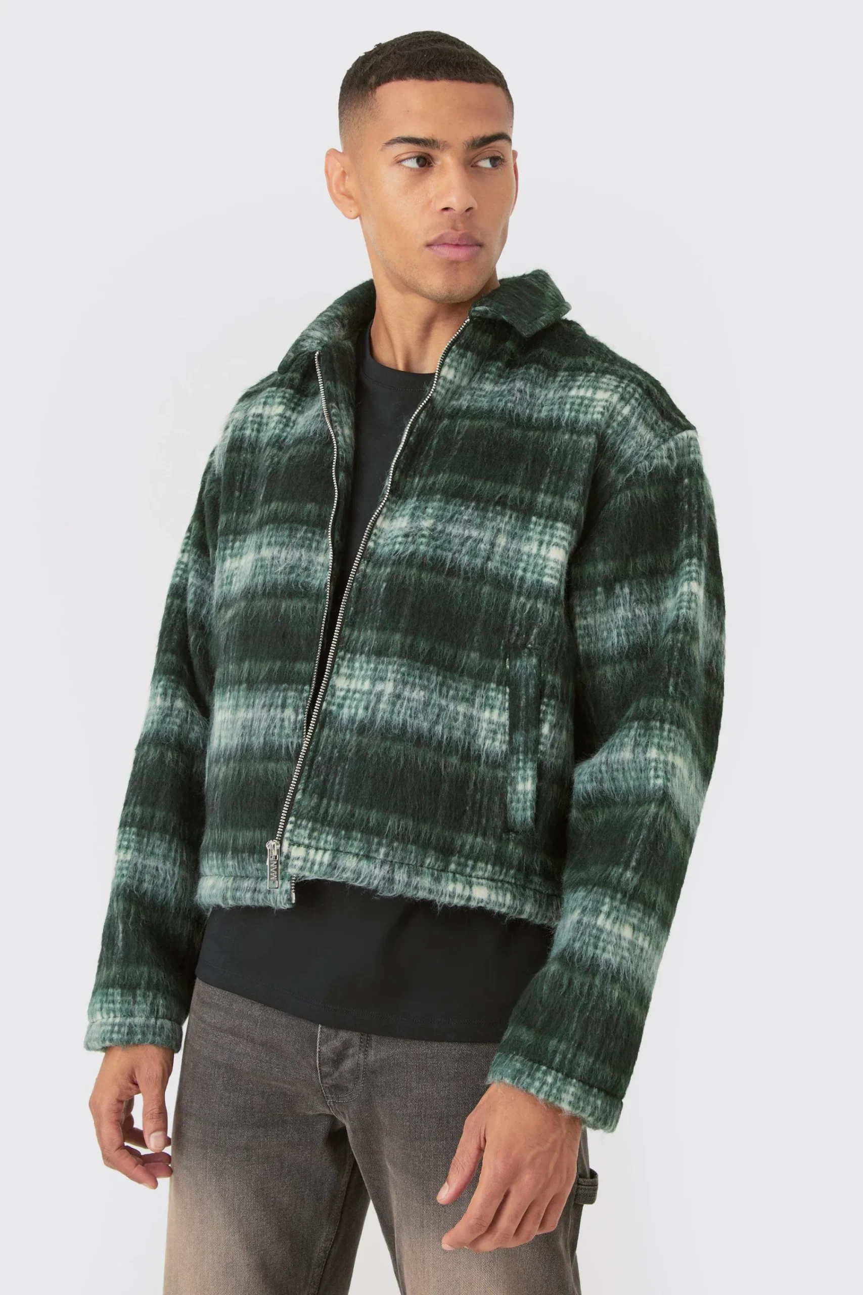 boohooMAN Brushed Check Collared Harrington Jacket In | UK| Coats & Jackets