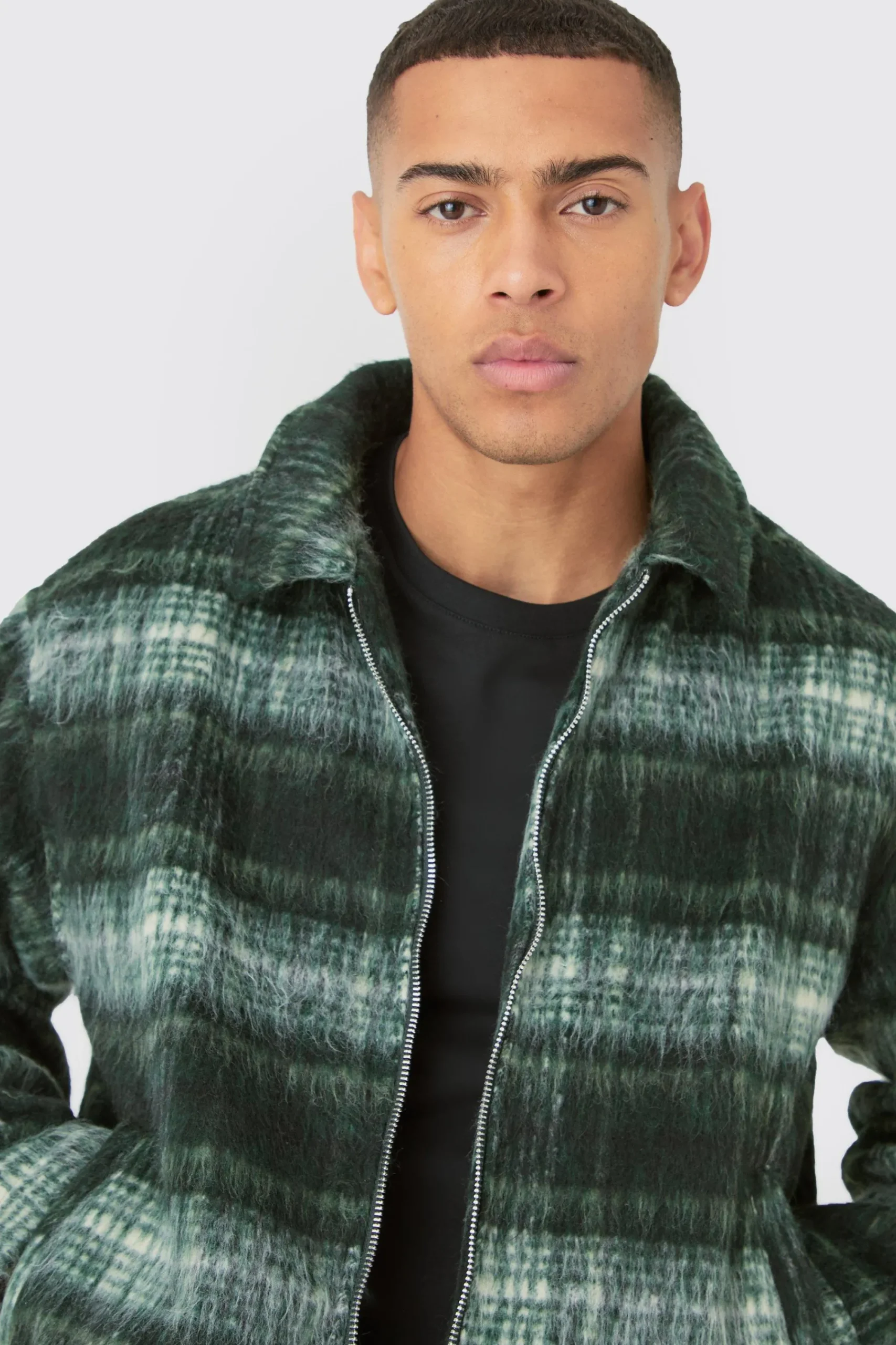 boohooMAN Brushed Check Collared Harrington Jacket In | UK| Coats & Jackets