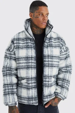 boohooMAN Brushed Check Funnel Neck Puffer | UK| Coats & Jackets