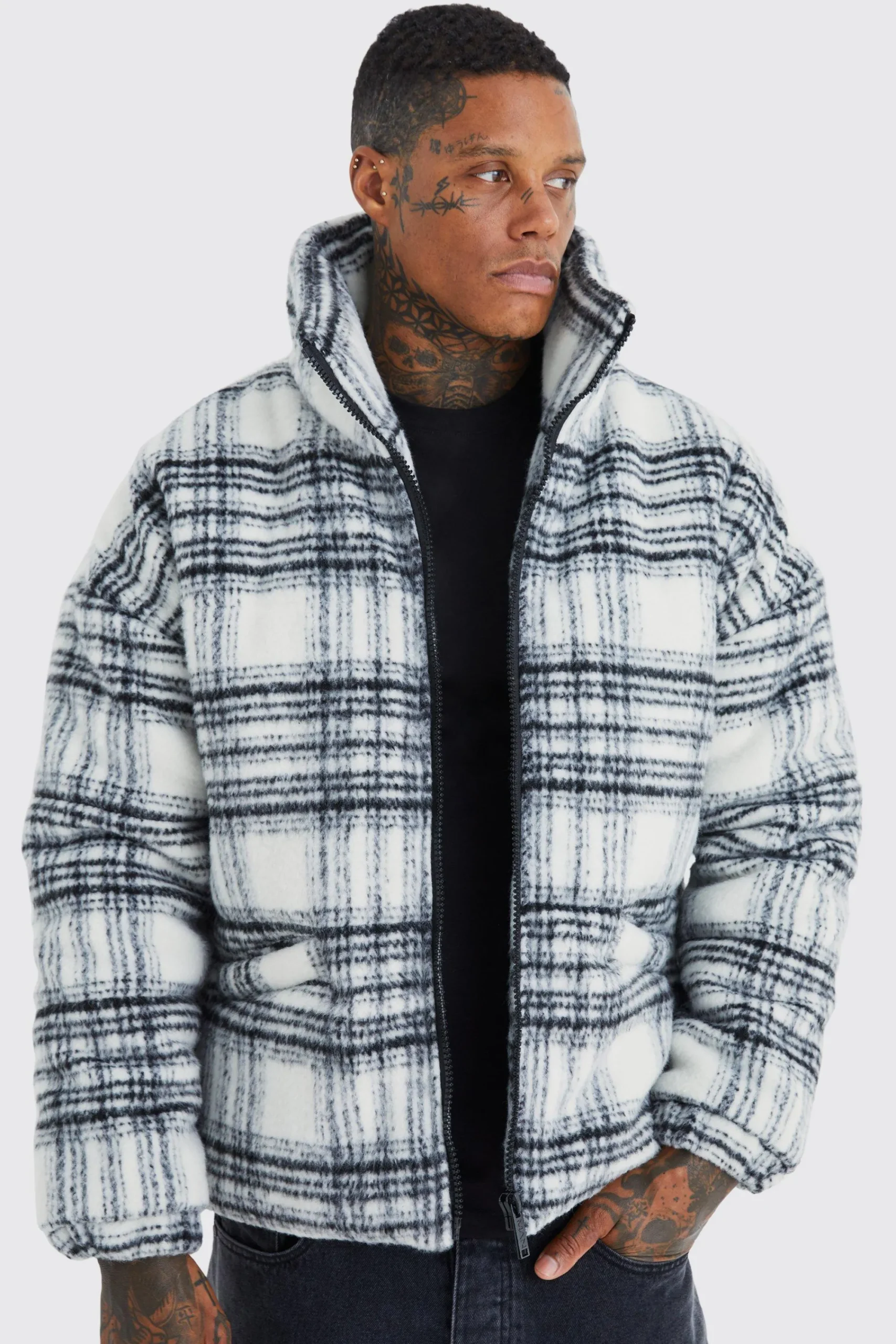 boohooMAN Brushed Check Funnel Neck Puffer | UK| Coats & Jackets