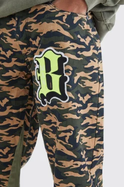 boohooMAN Camo Gusset Detail Applique Flared Trousers | UK| Trousers