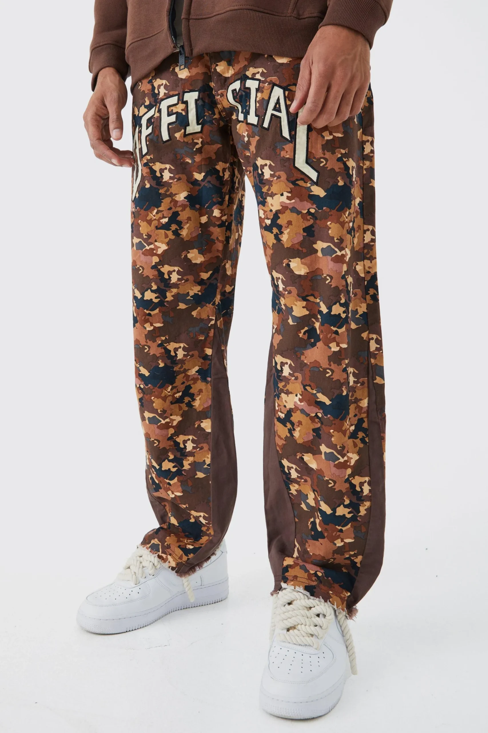 boohooMAN Camo Gusset Detail Official Applique Flared Trousers | UK| Trousers