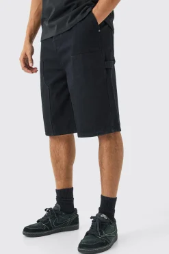 boohooMAN Carpenter Detail Denim Jorts In Black | UK| Shorts