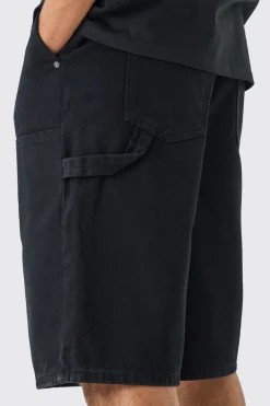 boohooMAN Carpenter Detail Denim Jorts In Black | UK| Shorts