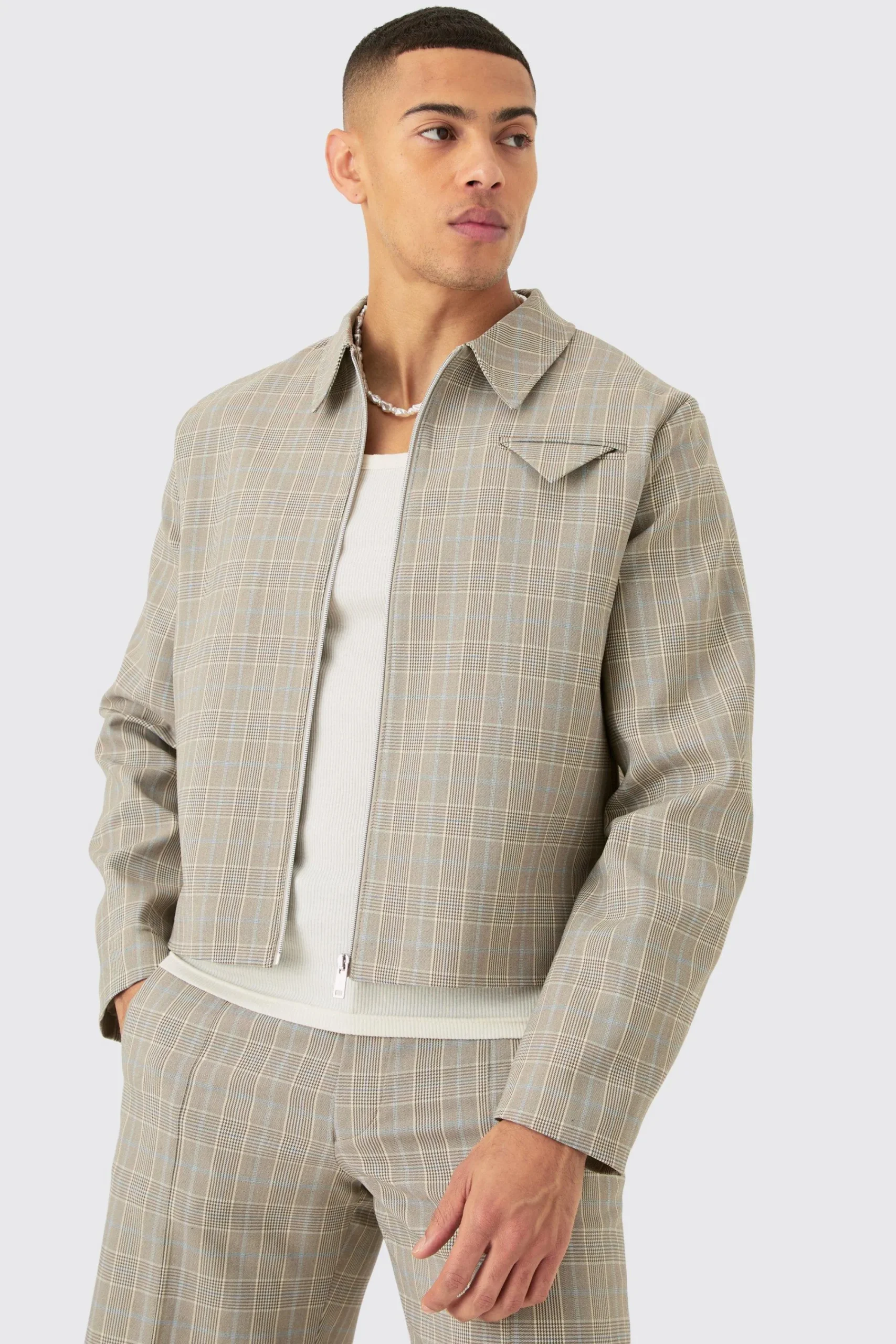 boohooMAN Checked Zip Up Boxy Smart Jacket | UK| Suits & Tailoring