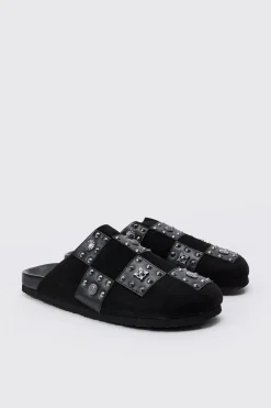 boohooMAN Checkered Metal Detail Mule In | UK| Sliders & Slippers