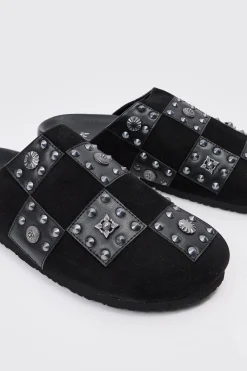 boohooMAN Checkered Metal Detail Mule In | UK| Sliders & Slippers