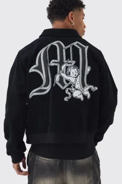 boohooMAN Cherub Badge Cord Zip Through Harrington In | UK| Coats & Jackets