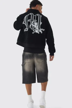 boohooMAN Cherub Badge Cord Zip Through Harrington In | UK| Coats & Jackets